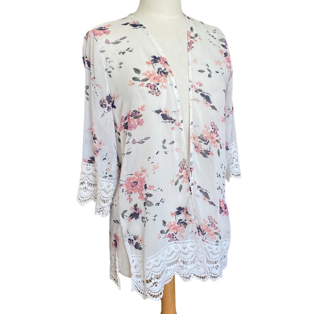 Stitch Fix Mason & Belle Laria Floral Crochet Trim Kimono Ivory Pink Cottage-XS